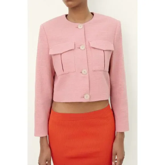 Pink Zara Textured Weave Button Front Cropped Long Sleeve Jacket (NWT) - Picture 4 of 7